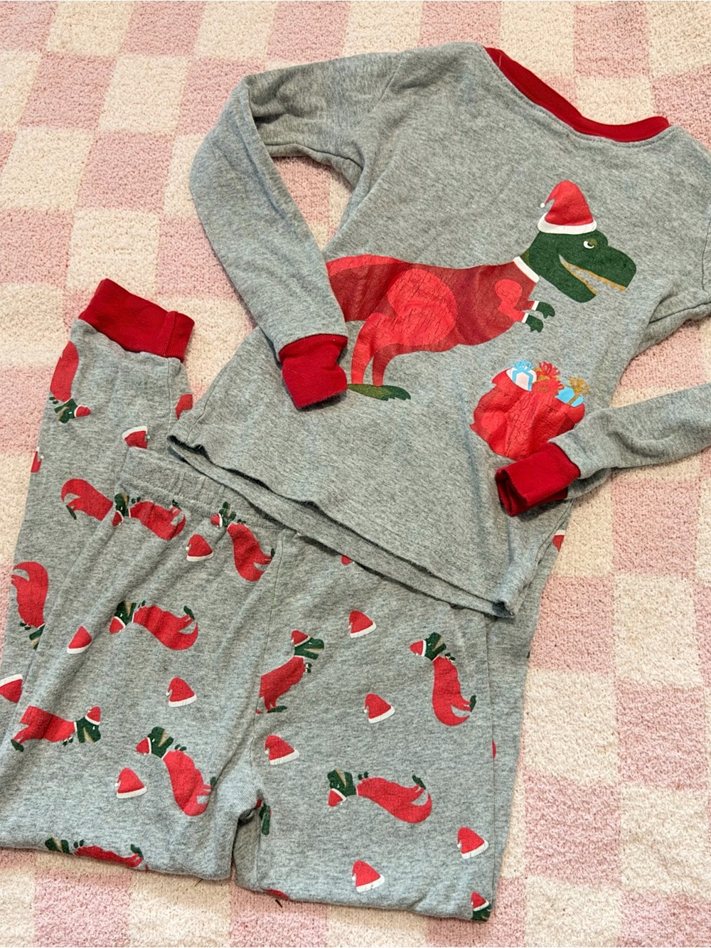 Kids Christmas Dinosaur Pajama Set Gray Red T-Rex Santa Holiday PJs